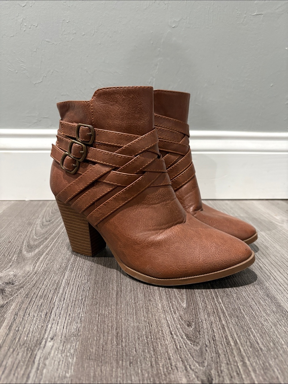 Women's Brown Strappy Buckle Ankle Booties